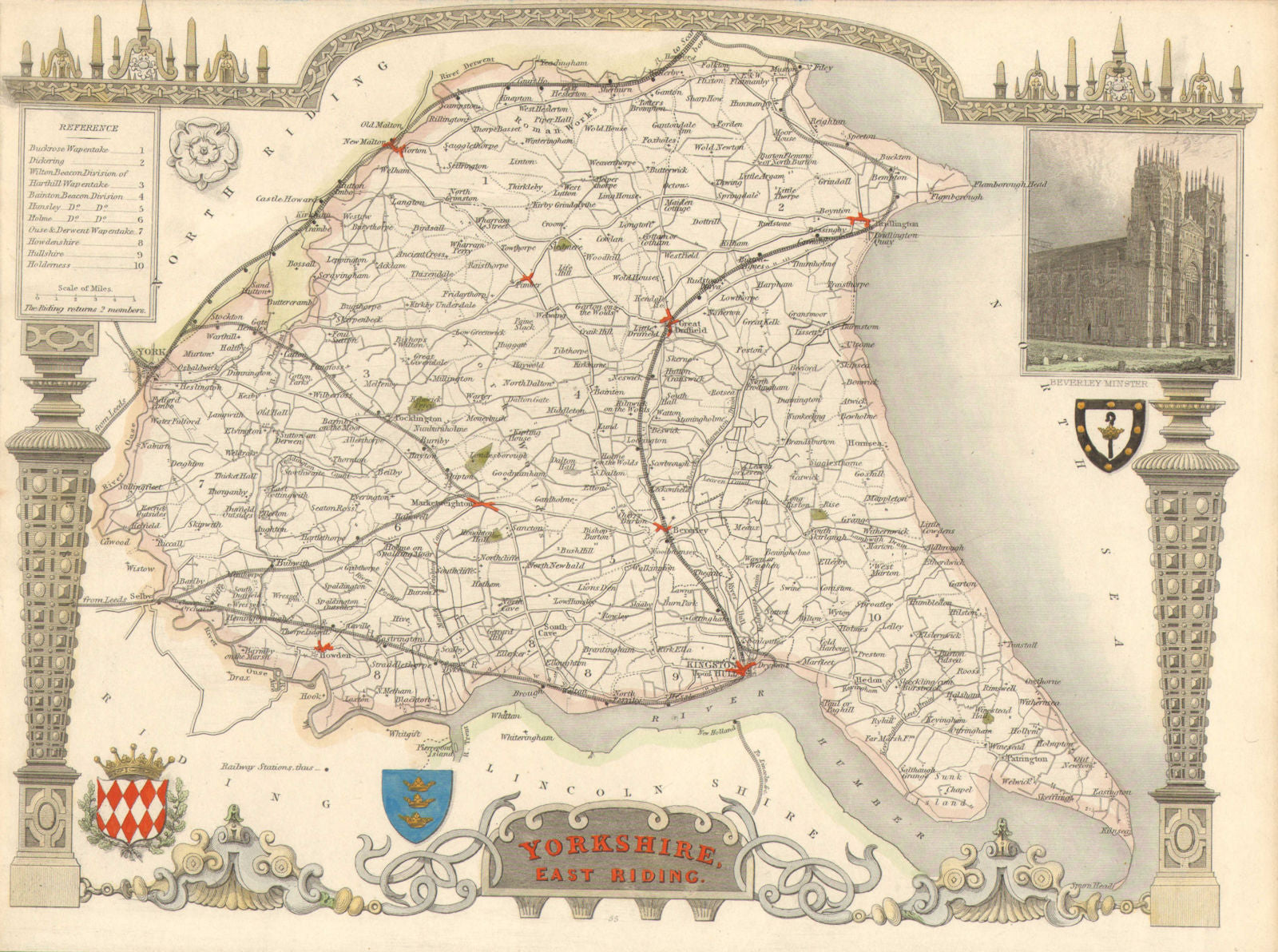 Yorkshire, East Riding antique hand-coloured county map by Thomas Moule c1840
